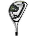 A golf club head with a polished chrome finish is positioned prominently against a white background highlighting its sleek design and branding features including green accents and model details.