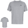 A gray athletic T-shirt is displayed with short sleeves and a crew neck The fabric appears soft and lightweight featuring a small black logo on the chest and a simple design