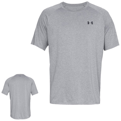 A gray athletic T-shirt is displayed with short sleeves and a crew neck The fabric appears soft and lightweight featuring a small black logo on the chest and a simple design