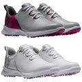 Two pairs of golf shoes are displayed. The top pair is gray with pink accents while the bottom pair is entirely white. Both have spiked soles for traction.