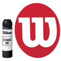 A bottle of black stencil ink labeled Wilson is positioned next to a large red circular logo featuring a stylized white letter W, suggesting a branding or art context.