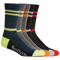 A series of five pairs of colorful socks are displayed standing upright in a row showcasing various colors and patterns including stripes each pair featuring a distinct color combination and design