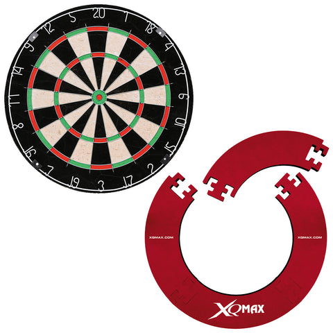 A round dartboard with numbered sections and colored segments is positioned above a red protective mat featuring interlocking pieces and the brand name XQMAX visible on its side.