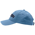 A blue baseball cap sits at an angle showcasing its curved brim and embroidered lettering on the front displaying a stylish, casual accessory suitable for outdoor activities or sunny days.