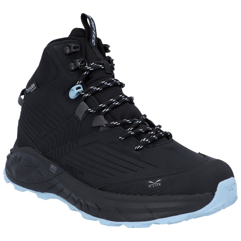 A black hiking boot features a high top design with patterned sides and a blue sole laced with black and white cords set against a plain white background.