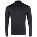 A long-sleeved black top features a high collar and a logo on the back. It is displayed against a plain background, emphasizing its sleek design.