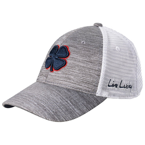 A gray baseball cap featuring a navy blue and red embroidered four-leaf clover on the front and the phrase Live Lucky stitched on the side with a white mesh back