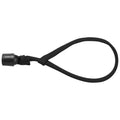 A black elastic loop with a plastic toggle knot is lying flat it is designed for securing or fastening objects in various contexts such as outdoor gear or equipment usage