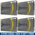 Four boxes of Srixon Z-Star Diamond golf balls are stacked together showcasing their sleek grey design and a promotional offer stating 4 for 3 deal / buy 3 get 1 free