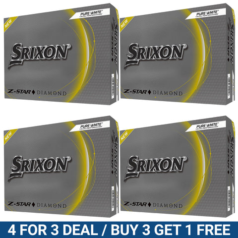 Four boxes of Srixon Z-Star Diamond golf balls are stacked together showcasing their sleek grey design and a promotional offer stating 4 for 3 deal / buy 3 get 1 free