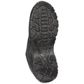 A black shoe sole displays a rugged tread pattern designed for traction with prominent grooves and ridges providing stability in various environments like outdoor or work settings.