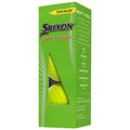 A green and yellow box displays two bright yellow golf balls inside it highlighting the Srixon brand with text detailing features like feel softness distance and spin characteristics.