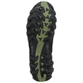 A black and green shoe sole is displayed featuring deep treads and ridges designed for grip and traction on various surfaces against a plain white background.