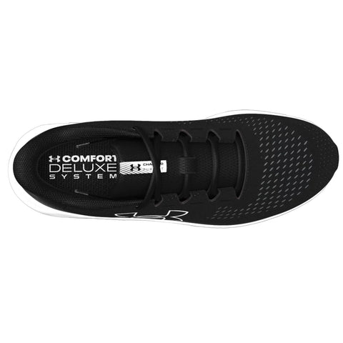 A black athletic shoe is positioned upright showing intricate surface details and lacing system branded with the words COMFORT DELUXE SYSTEM on the inside label and a white company logo on the side