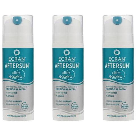 Three containers of Ecran Aftersun ultra leggero are displayed. Each pump bottle is labeled in blue and white, emphasizing its repairing properties and immediate relief for sun-exposed skin.