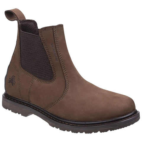 Brown waterproof boot with elastic side panels is positioned upright showcasing its smooth texture and sturdy sole in a neutral background likely for display or sale purposes