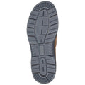 A shoe sole is displayed with detailed tread patterns indicating traction features placed against a neutral background which highlights the shape and design of the sole