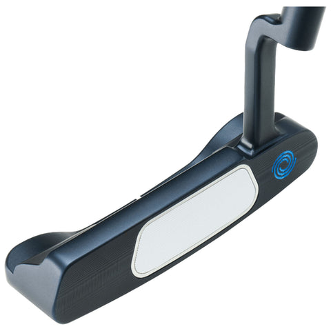 A golf putter with a sleek black design features a white striking surface and a blue logo. It is positioned isolated against a white background, ready for use on the green.