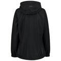 A black jacket with a hood is displayed hanging freely showcasing its sleek design and elastic cuffs suggesting use in outdoor activities in varying weather conditions.