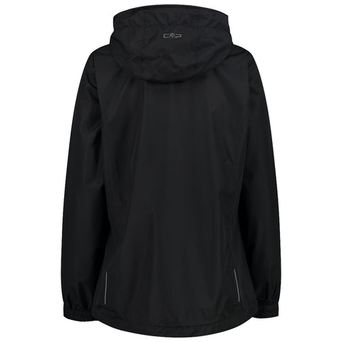 A black jacket with a hood is displayed hanging freely showcasing its sleek design and elastic cuffs suggesting use in outdoor activities in varying weather conditions.