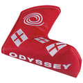 A red golf putter cover shaped like a L with embroidered designs including a swirl and flags features the word ODYSSEY prominently displayed on its side used to protect the putter in a golf bag.