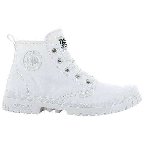 A white high-top shoe stands upright with a textured rubber sole and circular logo on the side featuring the brand name the shoe is laced up and appears new and clean