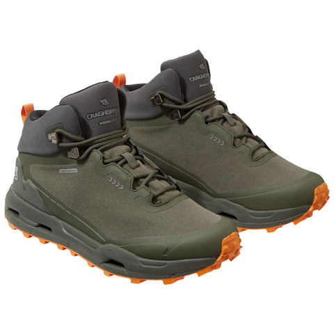 Two green hiking shoes are positioned next to each other showcasing their rugged design with an orange outsole and lacing system they are displayed on a plain white background.