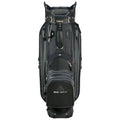 A black golf bag stands upright featuring multiple compartments and zippers designed for storage with branding visible on the front emphasizing utility for golfers.