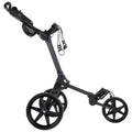 A black golf push cart features three large wheels and a handle with grips. It is designed for transporting golf bags on a golf course, enhancing convenience for players.