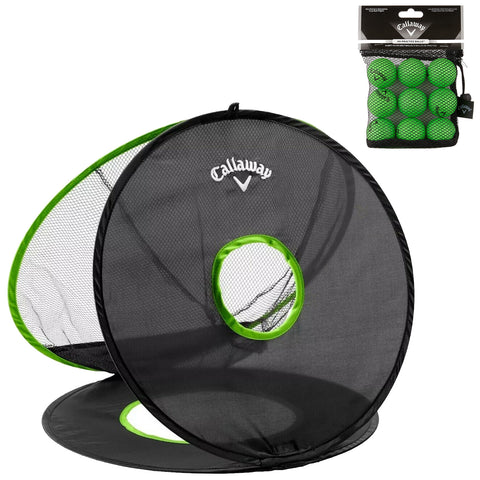 A black and green golf practice net stands open displaying a circular design with a central opening while a pouch of green golf balls is attached nearby suggesting a setup for practice sessions.