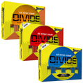 Three boxes of Q-Star Tour Divide golf balls are displayed in vibrant colors orange red and blue. Each box shows visual performance features and contains multiple golf balls visible through clear openings.