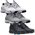 Under Armour Mens Charged Draw 2 Golf Shoes 3026401 Four pairs of golf shoes are displayed stacked vertically featuring white gray and black colors with distinctive textures and designs each pair has laces and spiked soles for traction