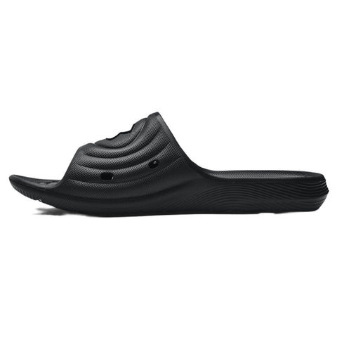 A black slide sandal designed for casual wear displays a textured surface and an open toe. It rests flat against a neutral background suggesting an indoor or outdoor setting.