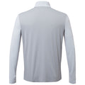 A long-sleeve collared shirt in light gray fabric hangs vertically showcasing a textured surface without any graphic design or additional elements present in a plain setting.