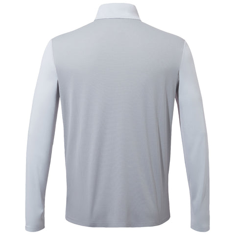 A long-sleeve collared shirt in light gray fabric hangs vertically showcasing a textured surface without any graphic design or additional elements present in a plain setting.