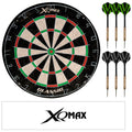 A circular dartboard with numbered sections and alternating green and red segments displays a logo at the top. Beside it, three sets of darts with distinct colors rest on a flat surface.