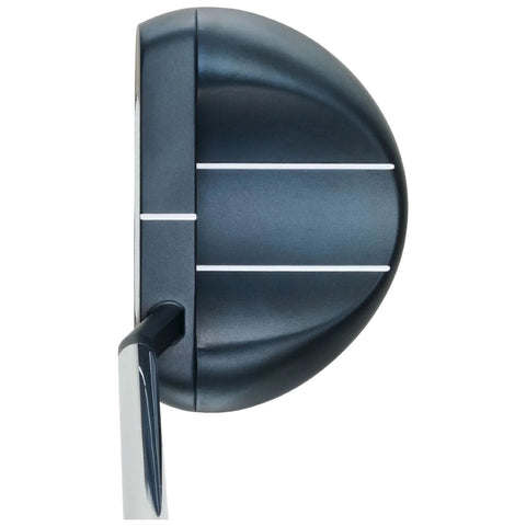 A golf club head is positioned sideways showing its curved surface and grooves while the shaft extends downward indicating it's designed for striking a golf ball on the course.