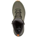 An olive green hiking shoe displays a sturdy design with a textured upper and contrasting orange accent on the sole. The shoe is shown from a top-down perspective against a neutral background.