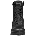 A black tactical boot stands upright featuring a smooth leather toe and textured fabric upper with laces tightly secured emphasizing its sturdy construction designed for durability in demanding environments.