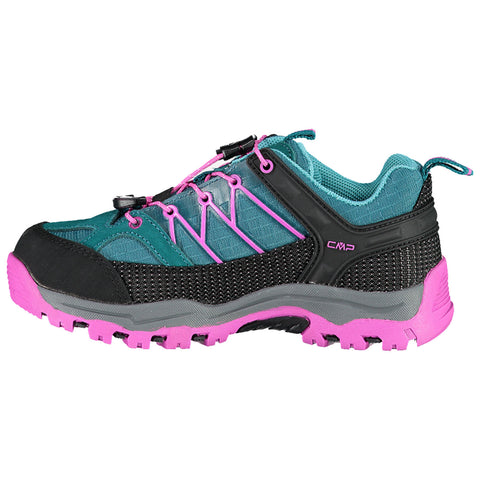 A colorful hiking shoe featuring a black and teal upper with pink accents laces and a rugged sole designed for outdoor activities on varied terrain.