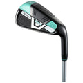 A golf club head with a sleek black and turquoise design rests at an angle showcasing its face and shaft in a neutral background enhancing its modern look.