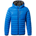 A blue puffer jacket with a hood is displayed front-facing features quilted sections and a zippered pocket on the chest highlighting its design suitable for cold weather.