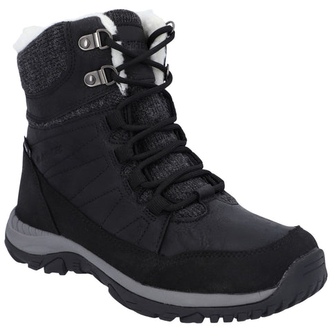 A black winter boot features a sturdy sole and laces, with a fleece-lined collar and felt upper, designed for cold-weather outdoor activities and providing warmth and traction in snow.