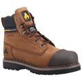 A brown waterproof safety boot features a steel toe and laces, designed for durability in rugged environments with a textured gray cap at the toe for added protection.