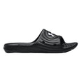 Black slide sandal with an open toe design rests horizontally, featuring a textured surface and ventilation holes, typically used for casual wear or at the beach.