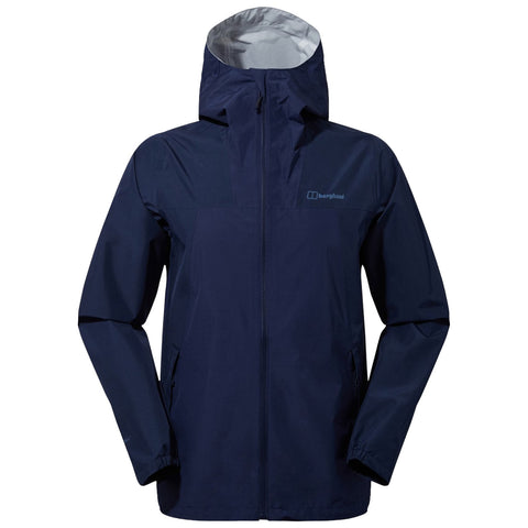 A navy waterproof jacket with a hood is displayed upright. The jacket features a front zipper and side pockets, suitable for outdoor activities in wet conditions.