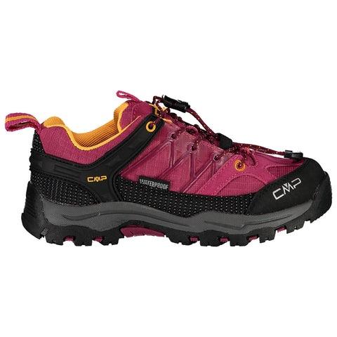 A waterproof hiking shoe features a magenta and black design with yellow accents laces and a rugged sole suitable for outdoor terrain providing support and traction in various environments