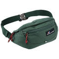 A green fanny pack features a zippered compartment with decorative cord pulls and an adjustable strap attached, designed for carrying personal items conveniently.