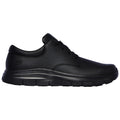 A black sneaker features a smooth leather upper with lace-up closure and a cushioned sole designed for comfort in everyday wear displayed against a plain white background.