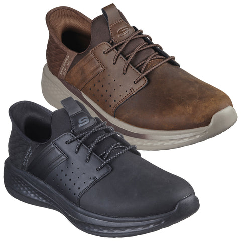 A pair of sneakers displayed side by side the top shoe is brown leather with laces and perforated detailing the bottom shoe is black with a smooth finish and laces placed on a neutral background.